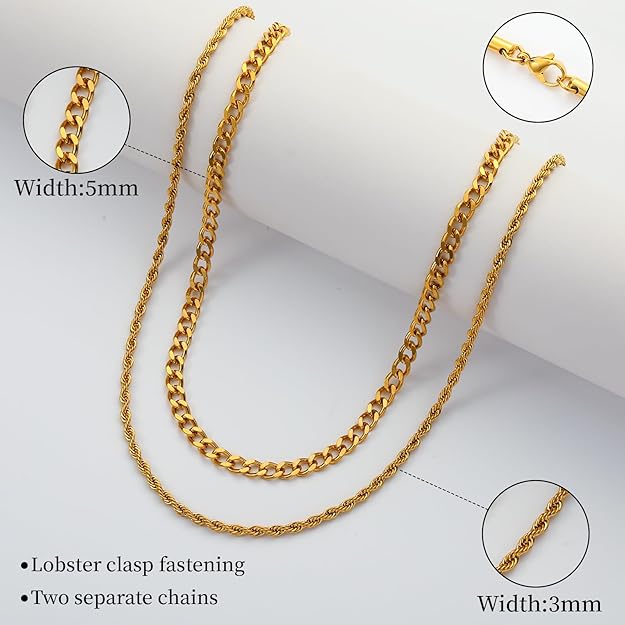 2Pcs Gold Plated Cuban Link/Rope/Herringbone Chains Cuban/Rope Chain Set - BigGreenBear.com jewelry 19.99 USD Big Green Bear