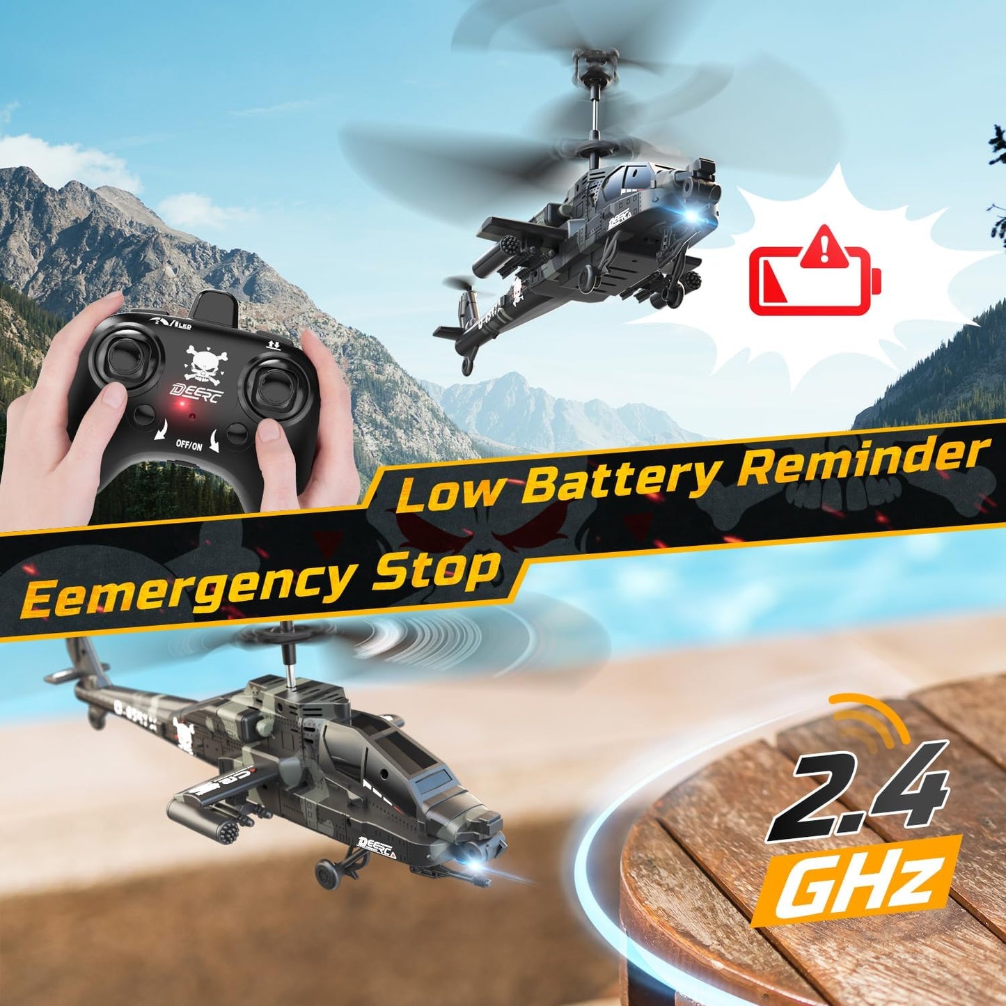 Apache RC Helicopter Military Remote Control Helicopter Toy with LED Lights, 2 Batteries & USB-C Charging - BigGreenBear.com RC Airplane 58.33 USD Big Green Bear
