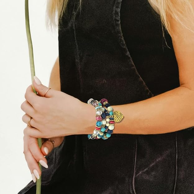 Handmade Bohemian Beaded Stretch Bracelet Set, Boho Crystal Jewelry
