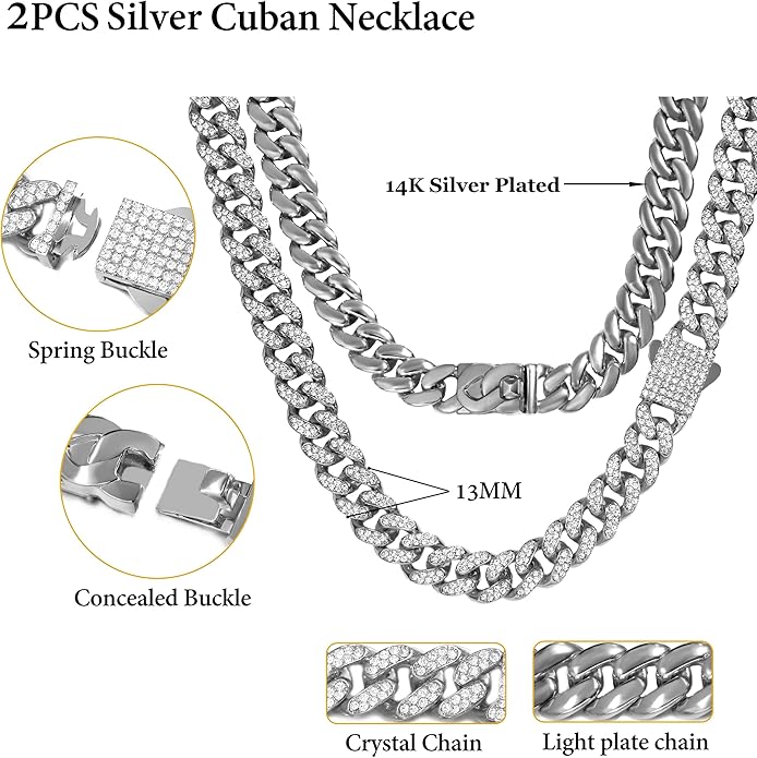 NEW! 2PCS Cuban Link Chain for Men Silver Plated Bling Diamond Chain - BigGreenBear.com jewelry 19.99 USD Big Green Bear
