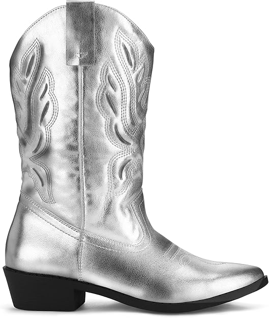 Women's Western Cowboy Boots Embroidered Mid-Calf Pointed Toe Cowgirl Boot-Silver - BigGreenBear.com clothing 49.99