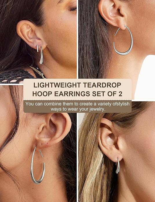 2Pairs Lightweight Teardrop Hoop Earrings for Women
