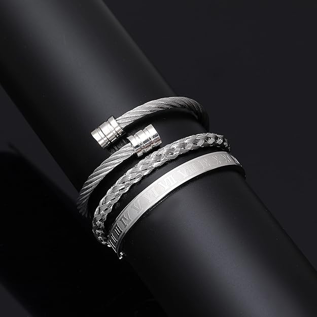 3PCS Men Stainless Steel Bangle Bracelet Twisted Cable Bracelet Adjustable Cuff - BigGreenBear.com jewelry 19.99 USD Big Green Bear