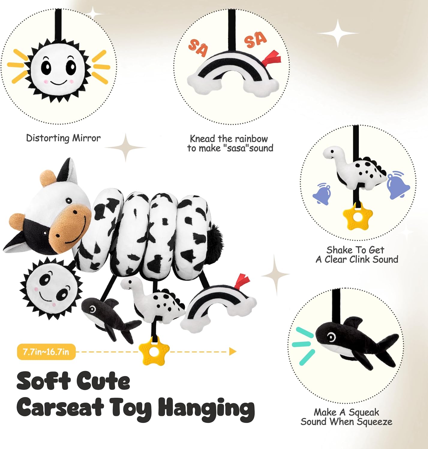 NEW! Spiral Car Seat Baby Toys 0-6 Months Cute Black and White Cow