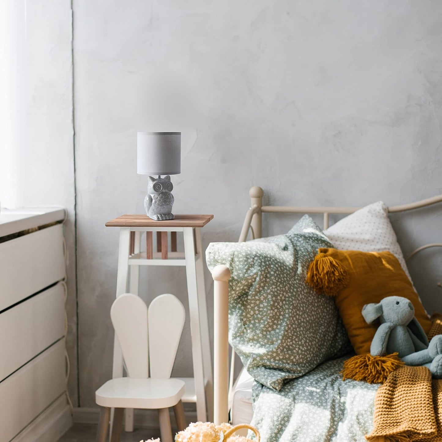 12.8" Tall Contemporary Ceramic Owl Bedside Table Desk Lamp w Matching Fabric Shade