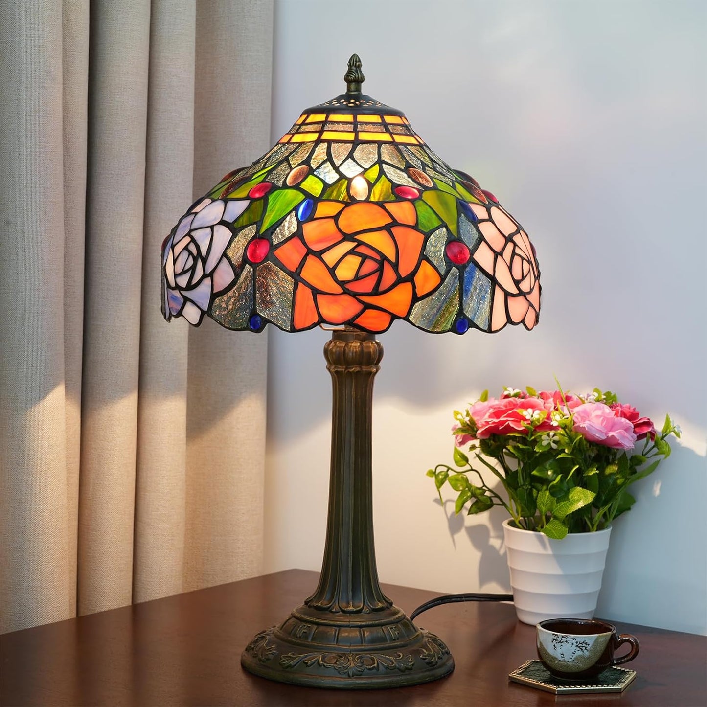 Tiffany Style Stained Glass Lamp Red Orange Purple Pink Rose Table Lamp 19"