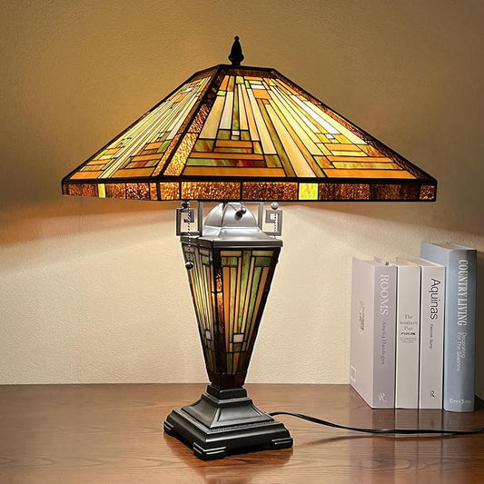 Handcrafted Tiffany Table Lamp Amber Brown Mission Style Stained Glass 24" -  BigGreenBear.com Lighting 249.21 USD Big Green Bear