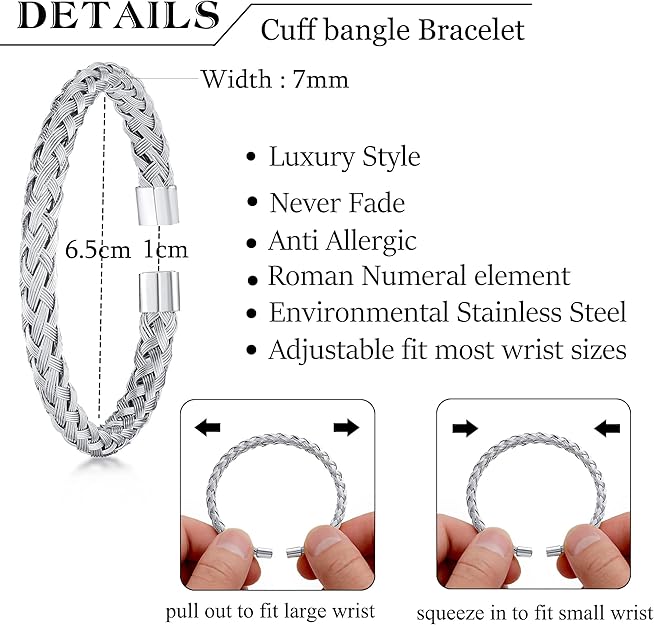3PCS Men Stainless Steel Bangle Bracelet Twisted Cable Bracelet Adjustable Cuff - BigGreenBear.com jewelry 19.99 USD Big Green Bear
