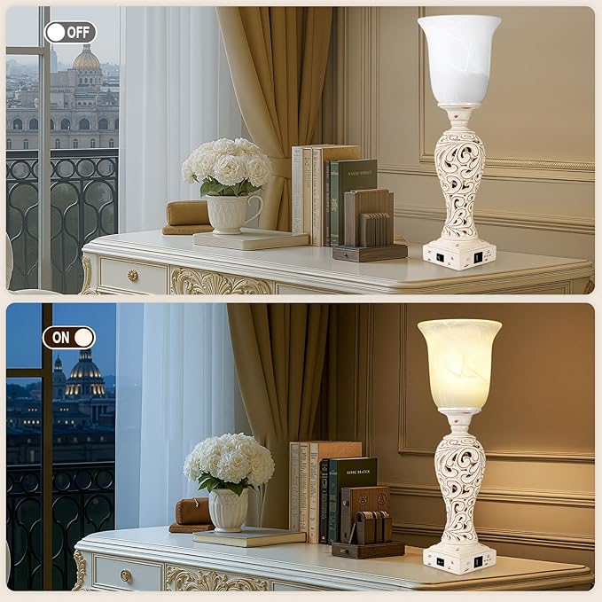 Vintage Desk Lamp with Glass Shade, 3-Way Dimmable with 2 USB Charging Ports 20" - BigGreenBear.com table lamp 69.99 USD Big Green Bear