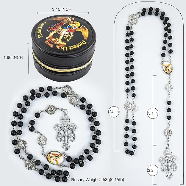 St. Michael the Archangel Catholic Rosary Necklace for Men, 8MM Black Hematite - BigGreenBear.com jewelry 32.44 USD Big Green Bear