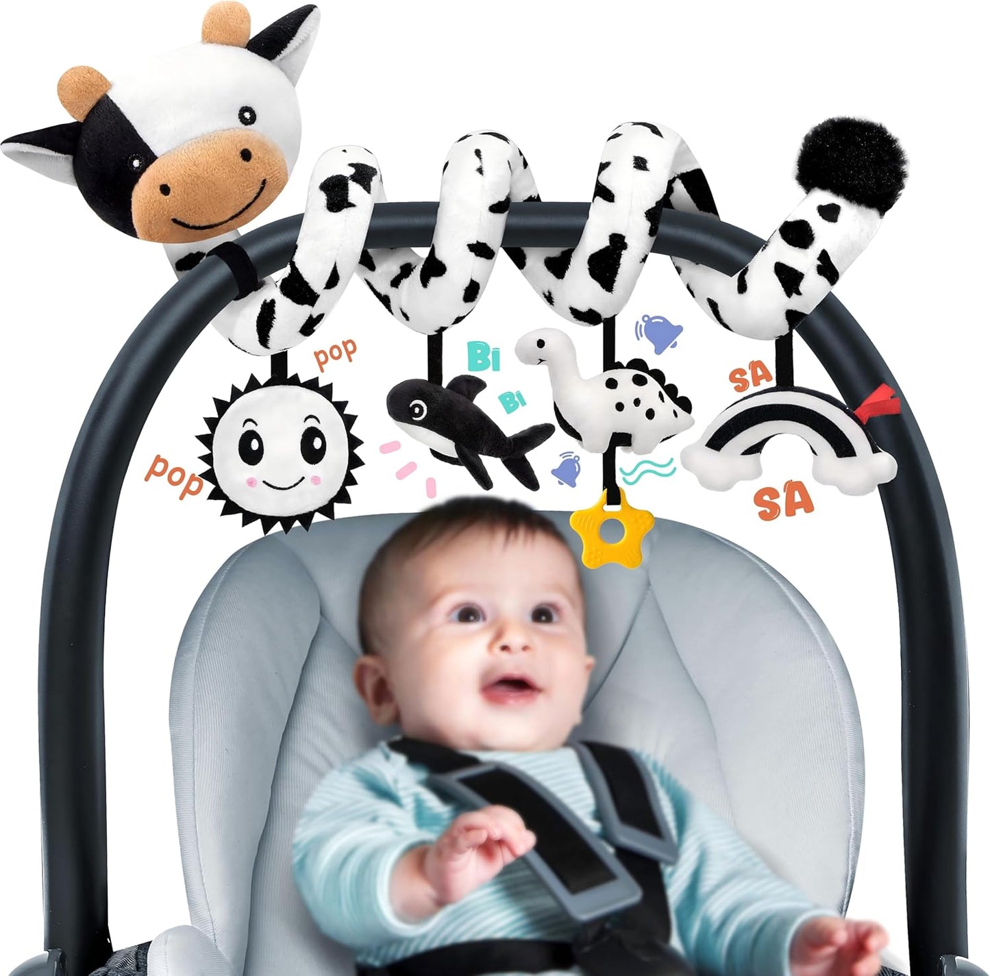 NEW! Spiral Car Seat Baby Toys 0-6 Months Cute Black and White Cow