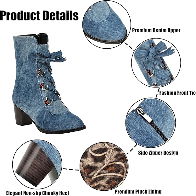 NEW! Women's Denim Lace up Mid-Calf Booties Retro Chunky Heel Side Zipper - BigGreenBear.com boots 59.99 USD Big Green Bear