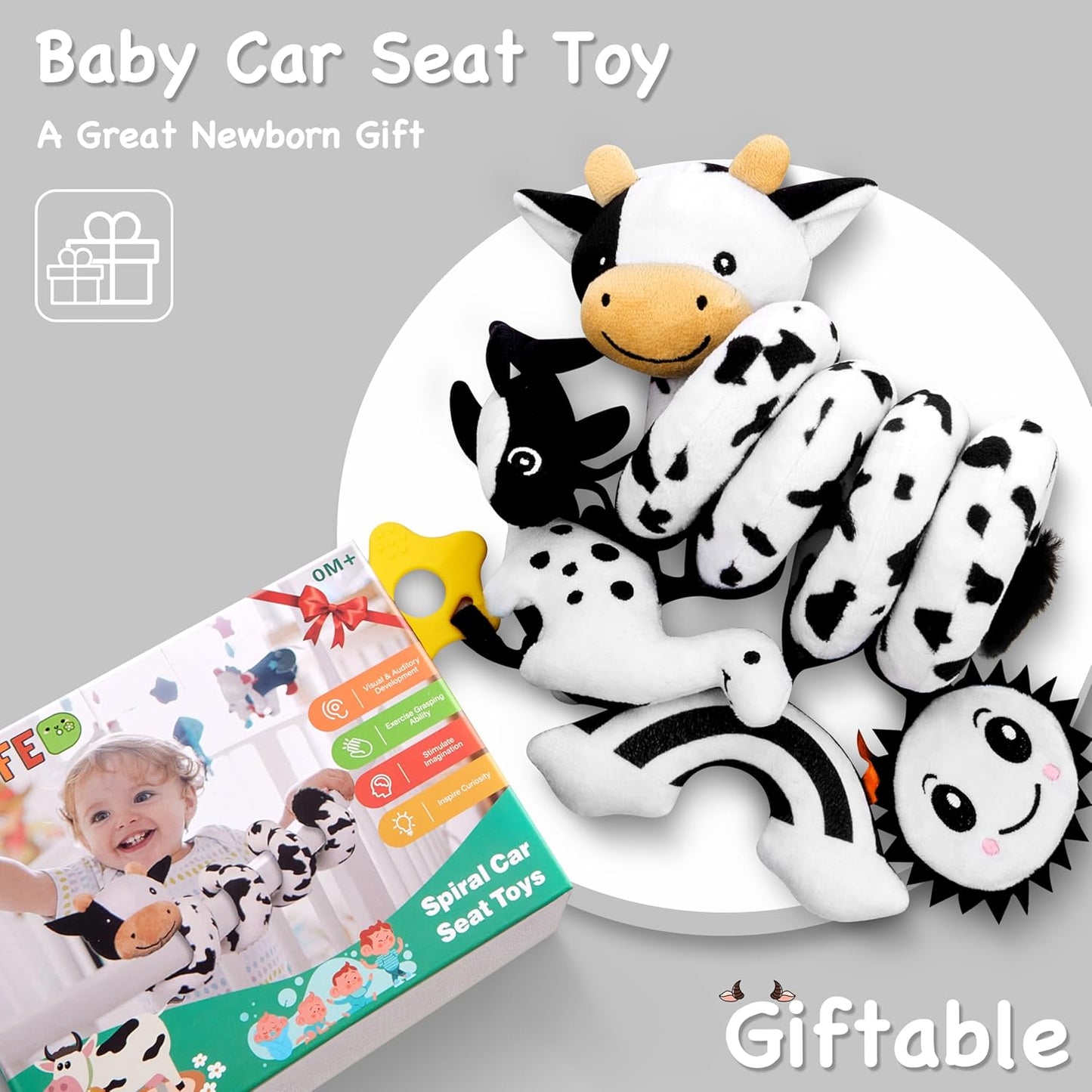 NEW! Spiral Car Seat Baby Toys 0-6 Months Cute Black and White Cow