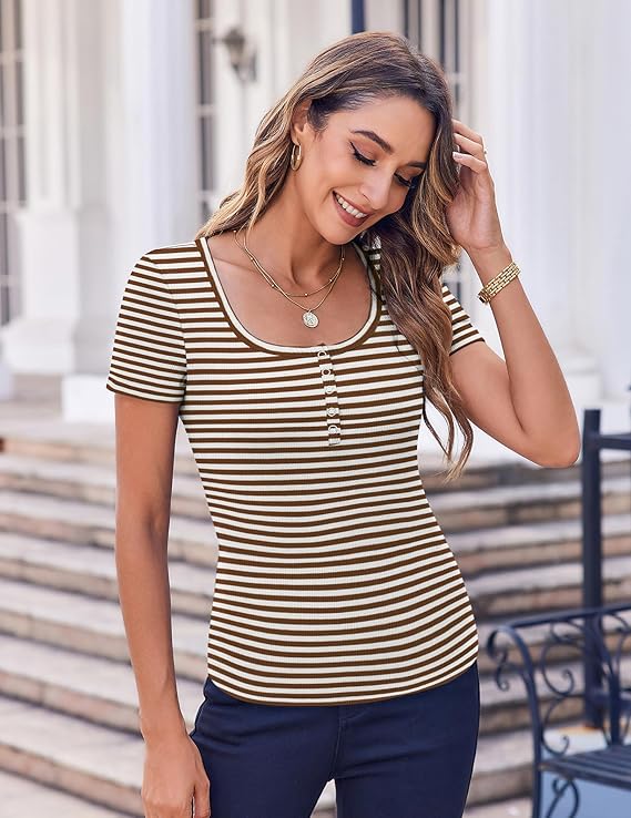 Women's Summer Tops Short Sleeve Shirts Ribbed Knit Square Neck Tshirt