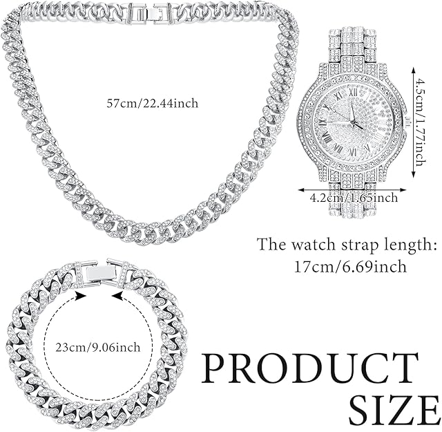 Silver Cuban Link Chains Artificial Diamond Jewelry Set Necklace Bracelet Watch - BigGreenBear.com jewelry 35.78 USD Big Green Bear