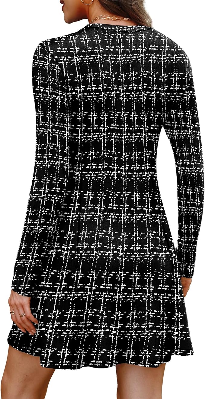 Women's Black Plaid Long Sleeve Crew Neck Sweater Dress - BigGreenBear.com clothing 24.50 USD Big Green Bear