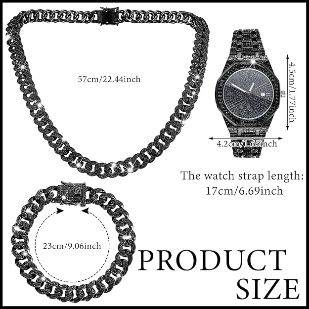 NEW! Cuban Link Chains Artificial Diamond Jewelry Set Necklace Bracelet Watch - BigGreenBear.com jewelry 34.55 USD Big Green Bear