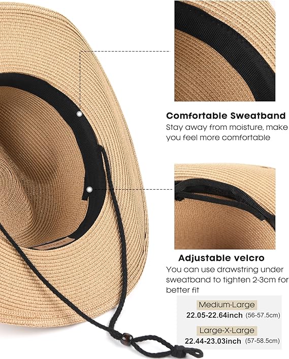 Straw Cowgirl Sun Hats for Women with Wind Lanyard UPF 80+ Beach Hat - BigGreenBear.com clothing 35.00 USD Big Green Bear