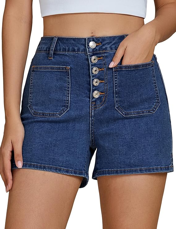 Jean Shorts Women's High Waisted Trendy Button Fly Patch Pocket Side Split