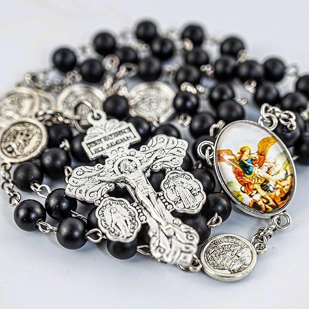 St. Michael the Archangel Catholic Rosary Necklace for Men, 8MM Black Hematite - BigGreenBear.com jewelry 32.44 USD Big Green Bear