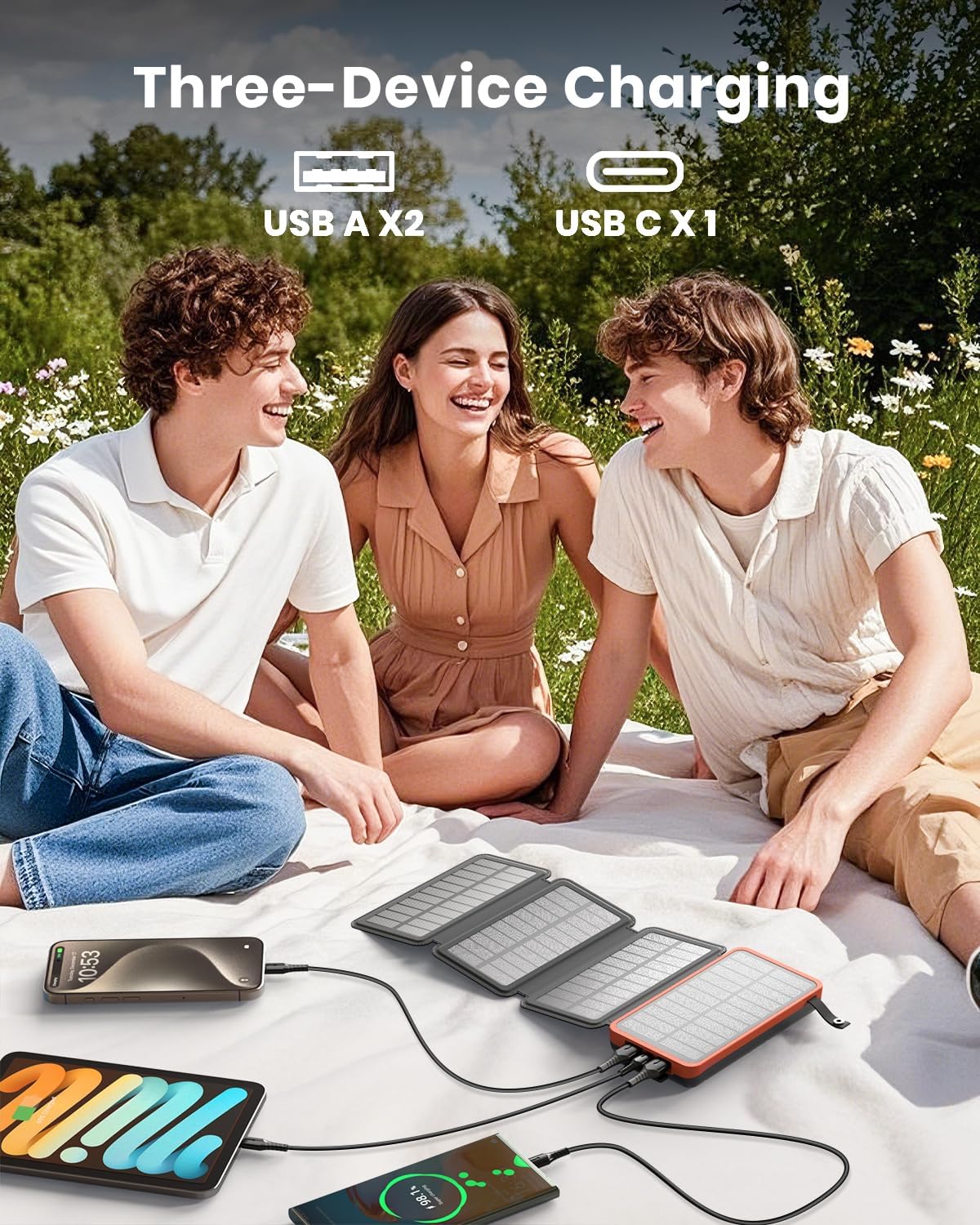 Solar Charger 25000mAh, Outdoor USB C Portable Power Bank with 4 Solar