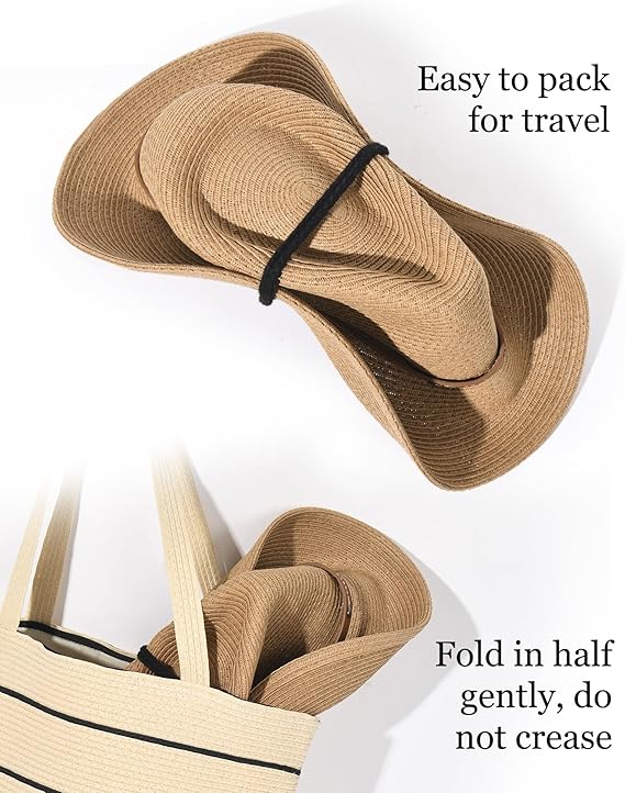 Straw Cowgirl Sun Hats for Women with Wind Lanyard UPF 80+ Beach Hat - BigGreenBear.com clothing 35.00 USD Big Green Bear