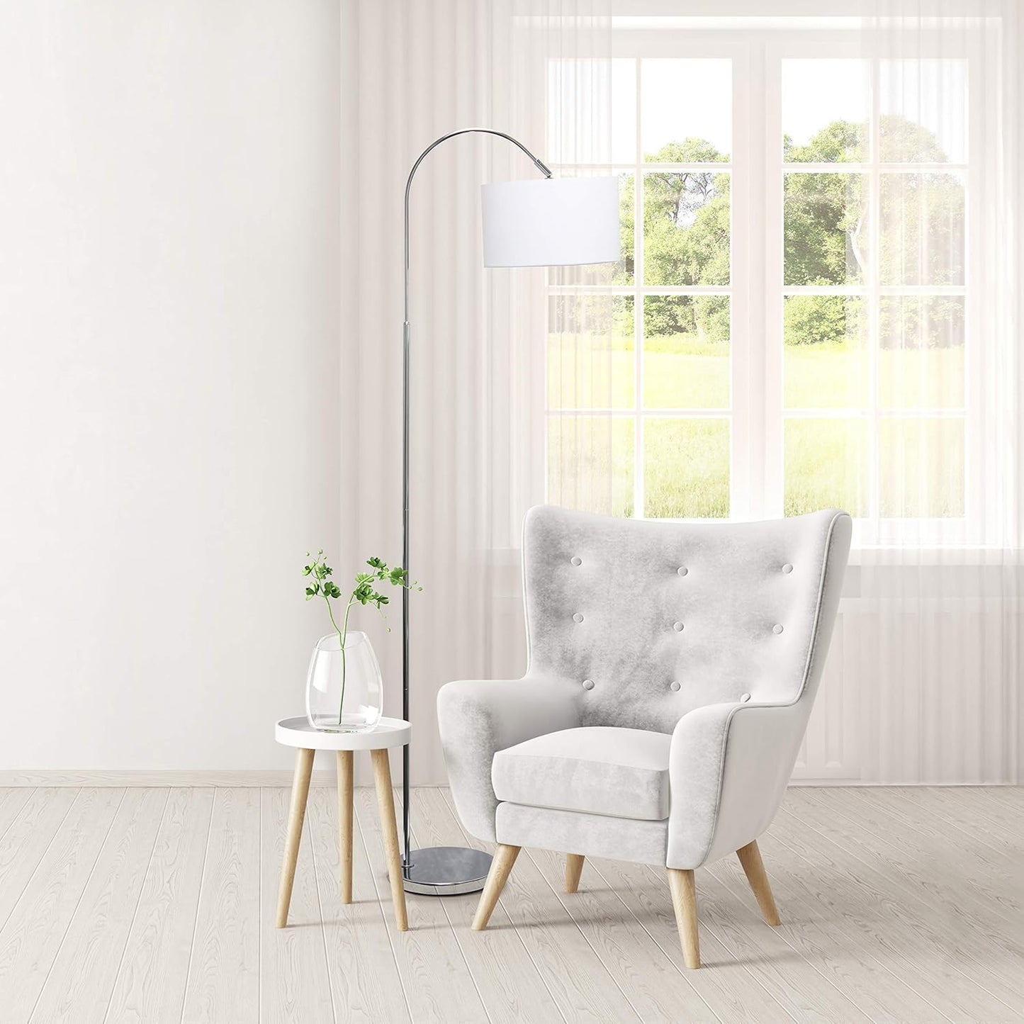 Brushed Nickel Arched Floor Lamp with White Shade for Living Room, Hallway, Entryway
