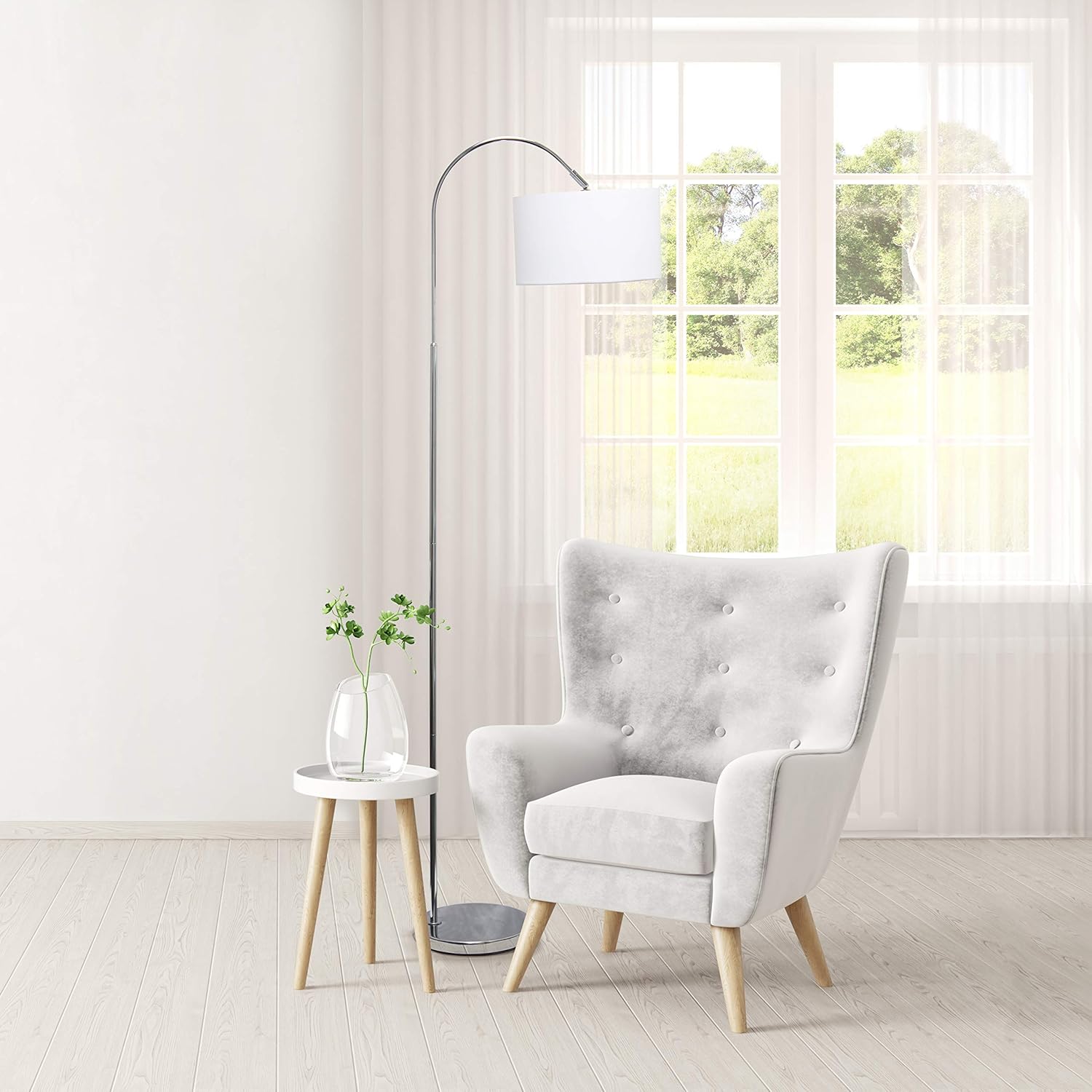 Brushed Nickel Arched Floor Lamp with White Shade for Living Room, Hallway, Entryway -  BigGreenBear.com Lighting 49.89 USD Big Green Bear