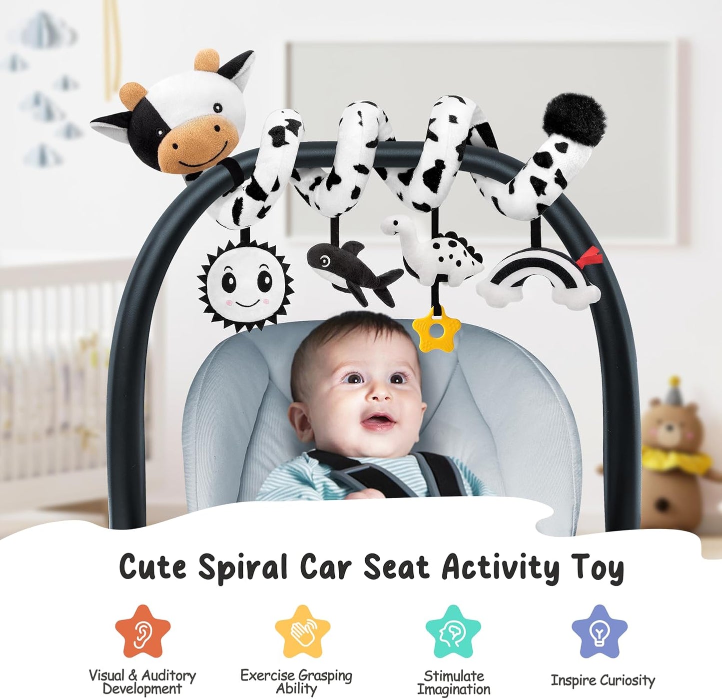 NEW! Spiral Car Seat Baby Toys 0-6 Months Cute Black and White Cow