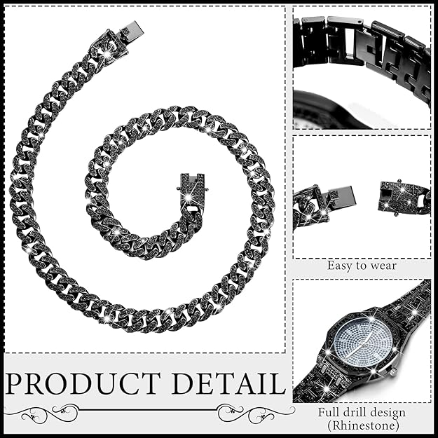 NEW! Cuban Link Chains Artificial Diamond Jewelry Set Necklace Bracelet Watch - BigGreenBear.com jewelry 34.55 USD Big Green Bear