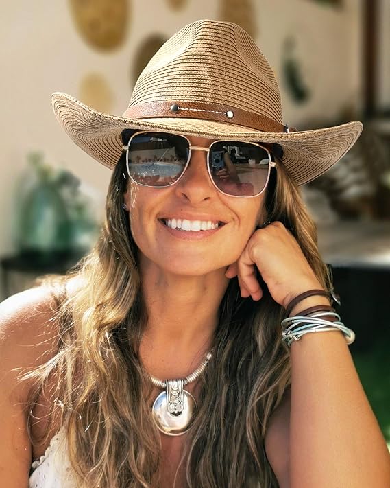 Straw Cowgirl Sun Hats for Women with Wind Lanyard UPF 80+ Beach Hat - BigGreenBear.com clothing 35.00 USD Big Green Bear