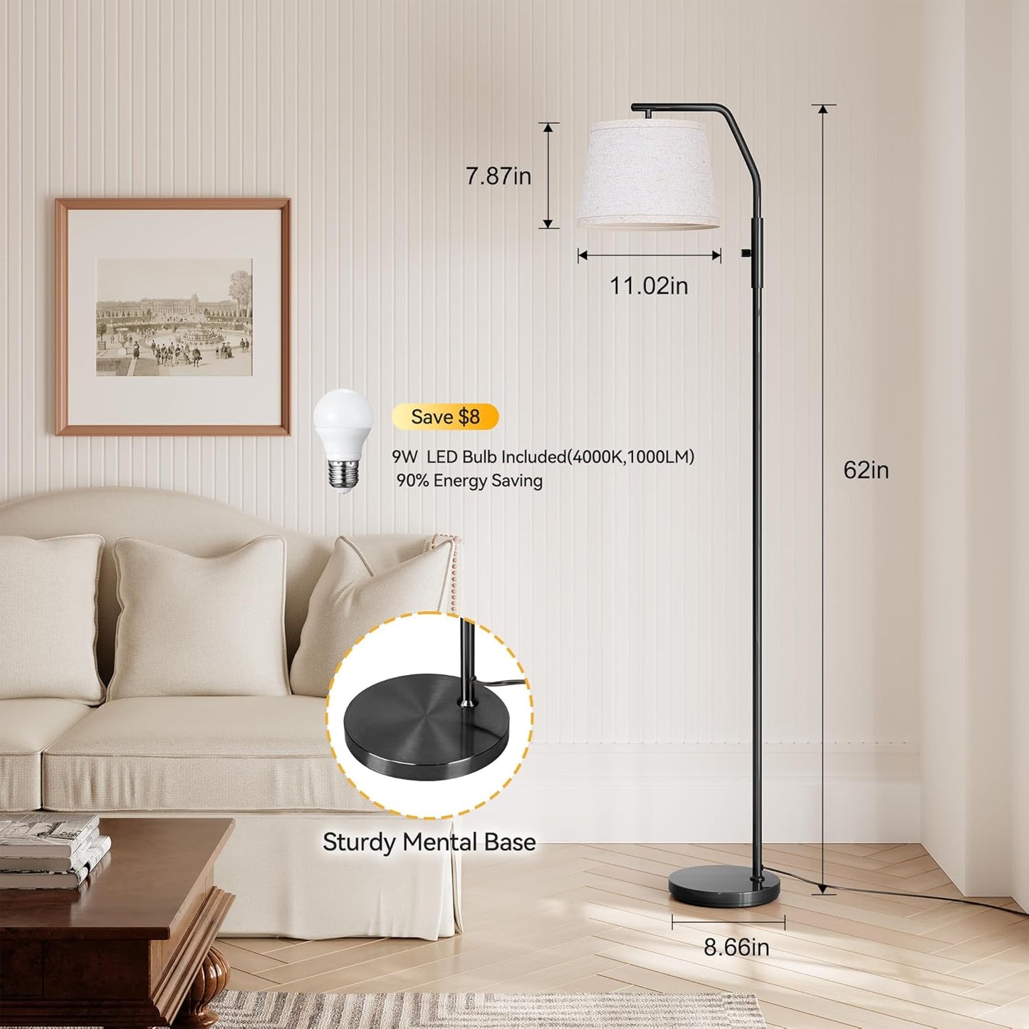 Floor Lamps with Adjustable Head, Modern Standing Lamp, 0-100% Dimmable