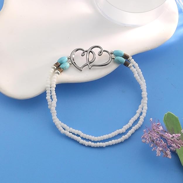Beaded Ankle Bracelets for Women Waterproof, Boho Double Hollow Hearts Layered