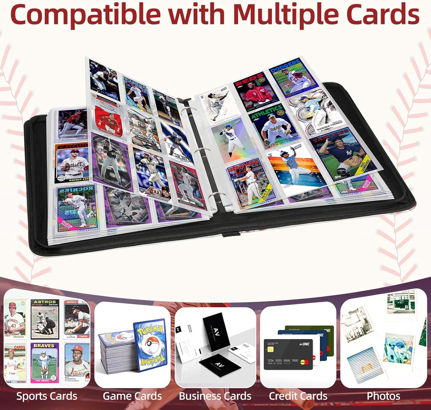 1080 Pockets Baseball Card Binder 9 Pocket, Trading Card Binder w/60 Removable Sleeves