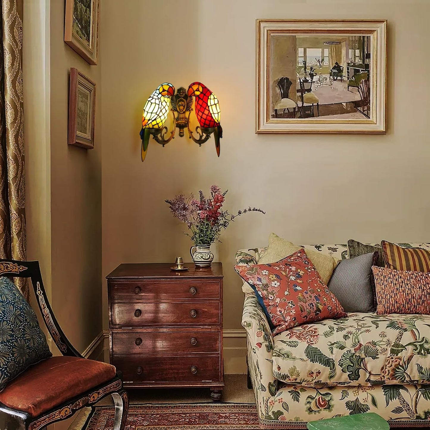Tiffany Style Parrot Wall Sconce 2 Lights Handmade Stained Glass Wall Light - BigGreenBear.com table lamp 139.99 USD Big Green Bear