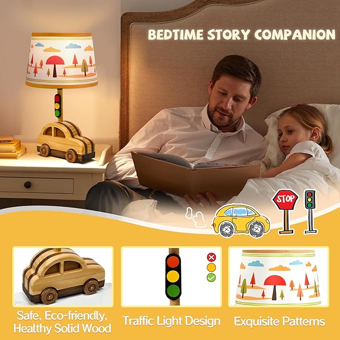 Kids' Dimmable Handmade Table Lamp Natural Wood Car Stoplight 15"Tall -  BigGreenBear.com table lamp 35.00 USD Big Green Bear