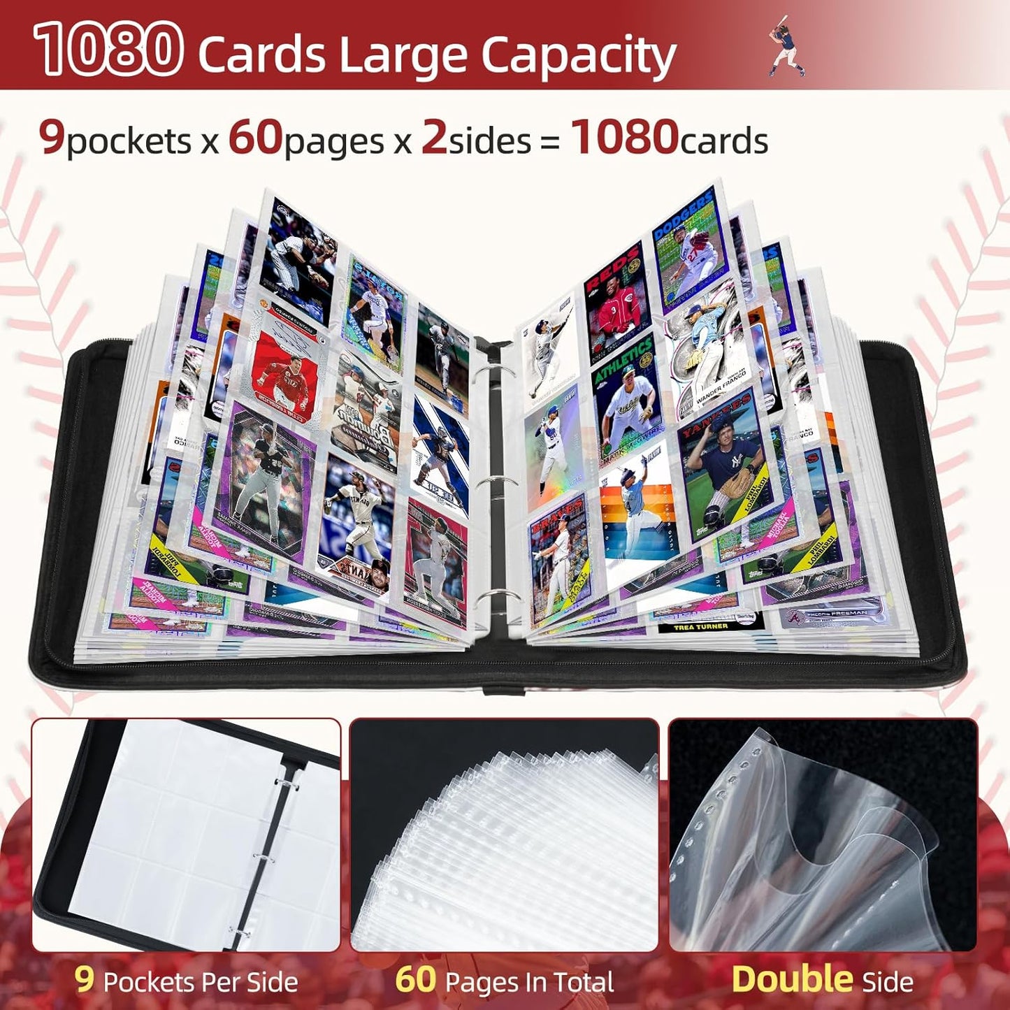 1080 Pockets Baseball Card Binder 9 Pocket, Trading Card Binder w/60 Removable Sleeves
