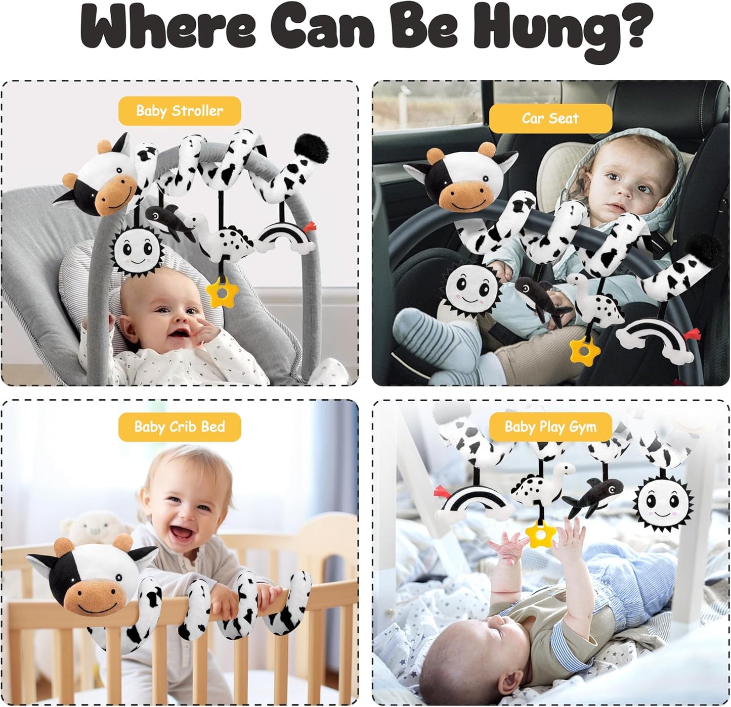 NEW! Spiral Car Seat Baby Toys 0-6 Months Cute Black and White Cow