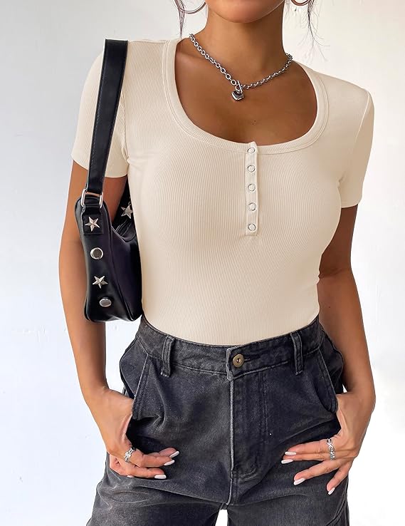Women's Summer Tops Short Sleeve Shirts Ribbed Knit Square Neck Tshirt