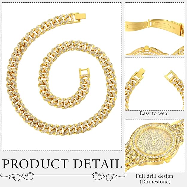 NEW! Hip Hop Cuban Link Chains for Man Artificial Diamond Jewelry Set - BigGreenBear.com jewelry 39.99 USD Big Green Bear