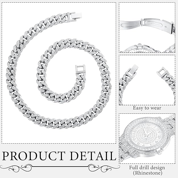 Silver Cuban Link Chains Artificial Diamond Jewelry Set Necklace Bracelet Watch - BigGreenBear.com jewelry 35.78 USD Big Green Bear