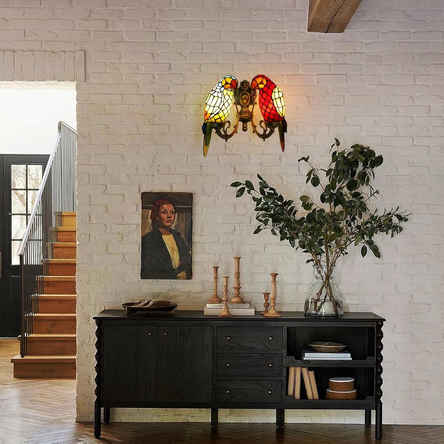 Tiffany Style Parrot Wall Sconce 2 Lights Handmade Stained Glass Wall Light - BigGreenBear.com table lamp 139.99 USD Big Green Bear