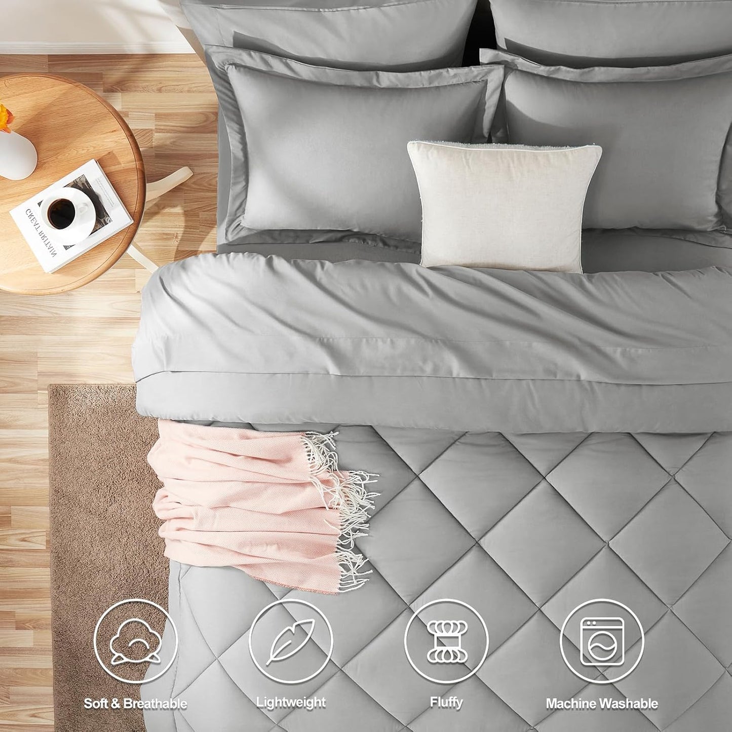 7 Pieces, Queen Luxury Soft Bed Set for All Seasons, Bedding Set-Light Grey - BigGreenBear.com bedding 69.00 USD Big Green Bear