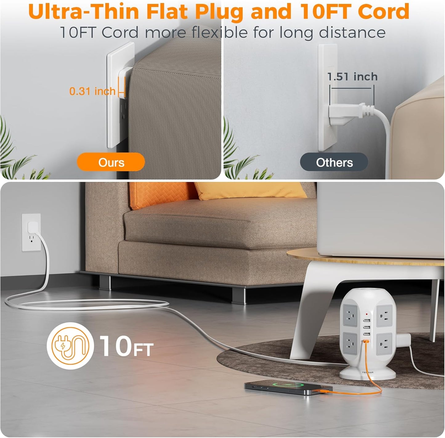 Tower Surge Protector Power Strip 10 ft, Multiple Outlets - BigGreenBear.com cell phone 29.95 USD Big Green Bear