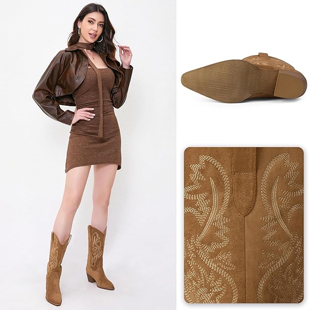 Cowgirl Boots Women Knee High Boots Pointed Toe and Block Heel with Embroidered -  BigGreenBear.com boots 89.99 USD Big Green Bear