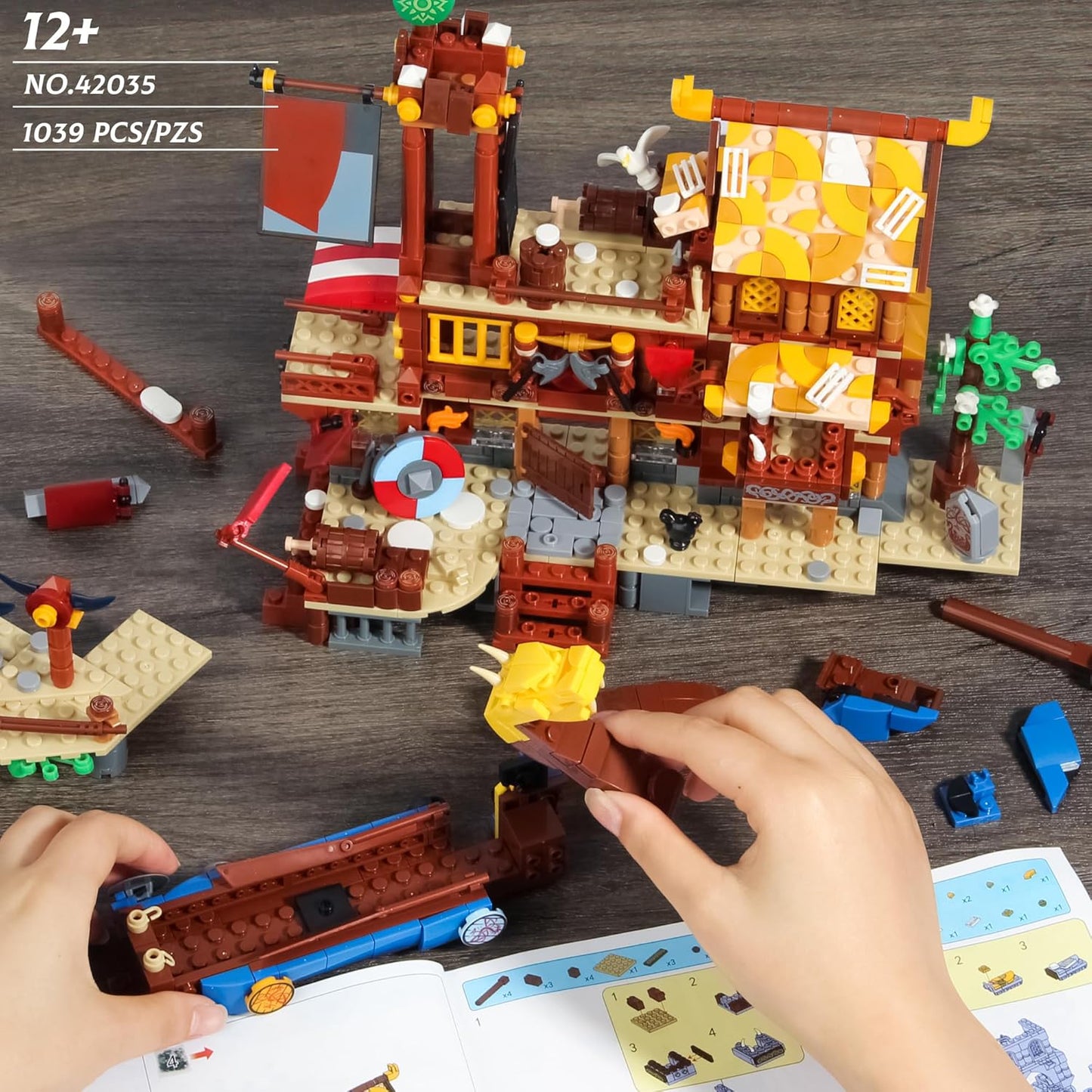 Medieval Viking Village Building Set with Dragon Head Ship, Architecture Building Block - BigGreenBear.com Building Toys 49.89 USD Big Green Bear