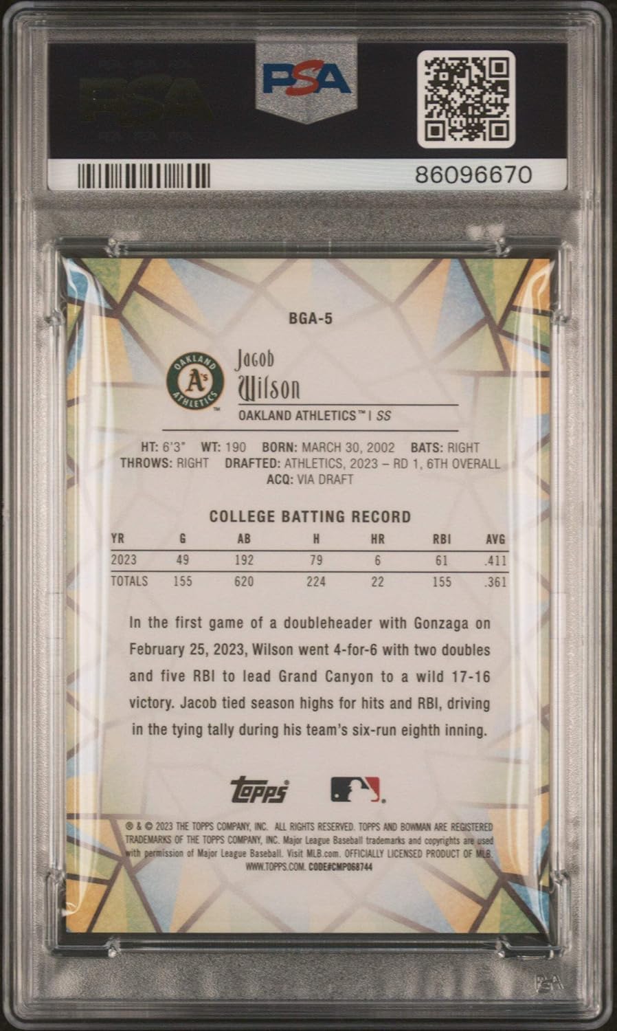 2023 Topps Bowman Draft Jacob Wilson #BGA5 Glass Rookie RC Baseball Card PSA 10 Gem Mint -  BigGreenBear.com Baseball cards 329.00