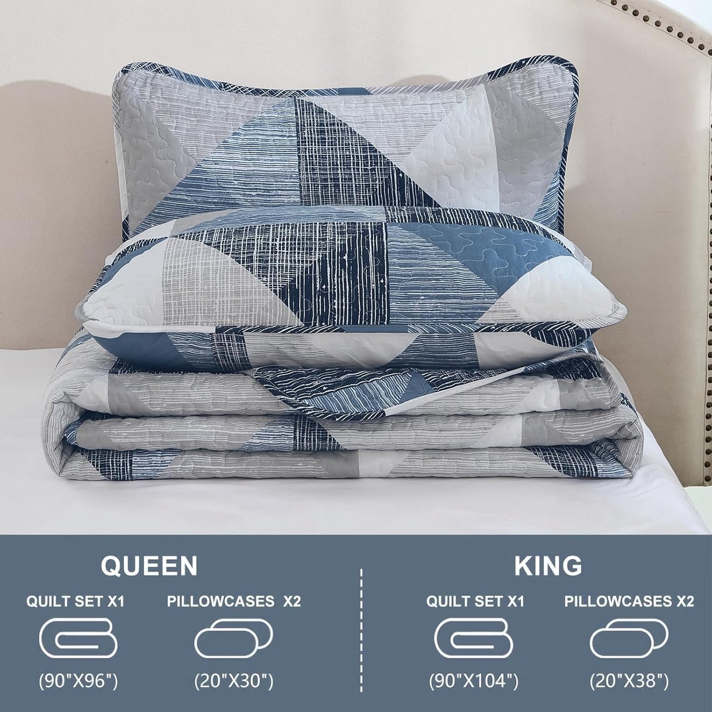 Super Soft Quilt Queen Size Blue, 3 Pieces Patchwork Bedspread Bedding All Season - BigGreenBear.com bedding 39.99 USD Big Green Bear