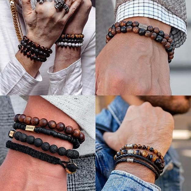 4 Piece Tiger Eye Bracelet For Men 8MM Natural Stone Stretch Adjustable - BigGreenBear.com jewelry 18.99 USD Big Green Bear