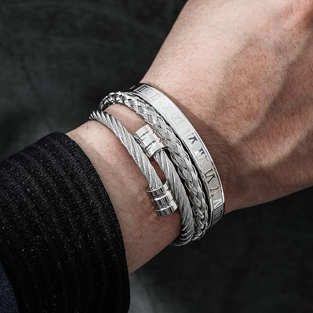 3PCS Men Stainless Steel Bangle Bracelet Twisted Cable Bracelet Adjustable Cuff - BigGreenBear.com jewelry 19.99 USD Big Green Bear